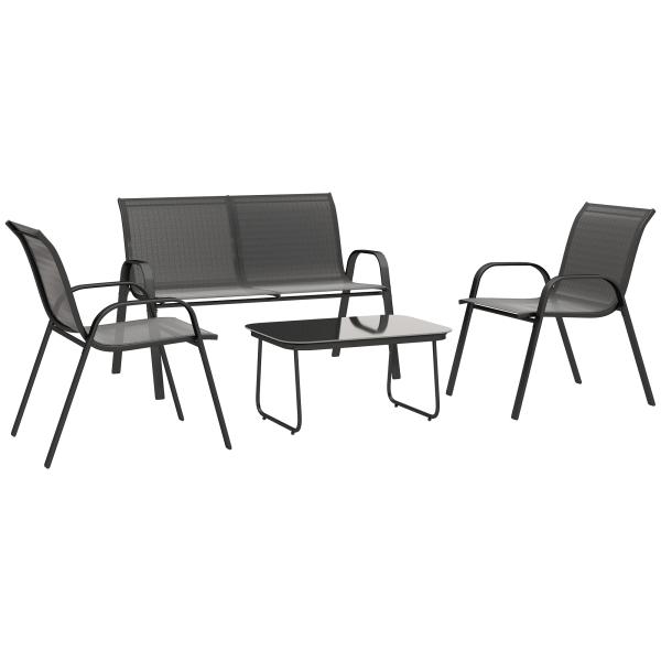 Conjunto de Jardim Exterior 4 Peças com 2 Cadeiras Empilháveis 1 Sofá de 2 Lugares e Mesa de Centro com Bancada de Vidro Temperado Preto