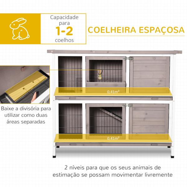Coelheira de Madeira Exterior de 2 Níveis Gaiola para 1 - 2 Coelhos com Telhado com Abertura Comedouro Bandejas Removíveis Rampa e Portas com Fechadura 122x50x101cm Cor Areia