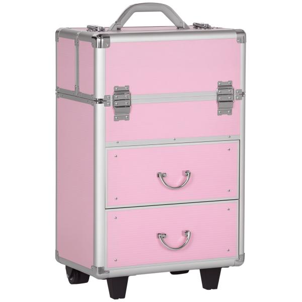 Mala de Maquilhagem Professional com Rodas 6 Gavetas Extensíveis Fechadura 2 Chaves e Alça Retrátil 36x23x58 cm Rosa