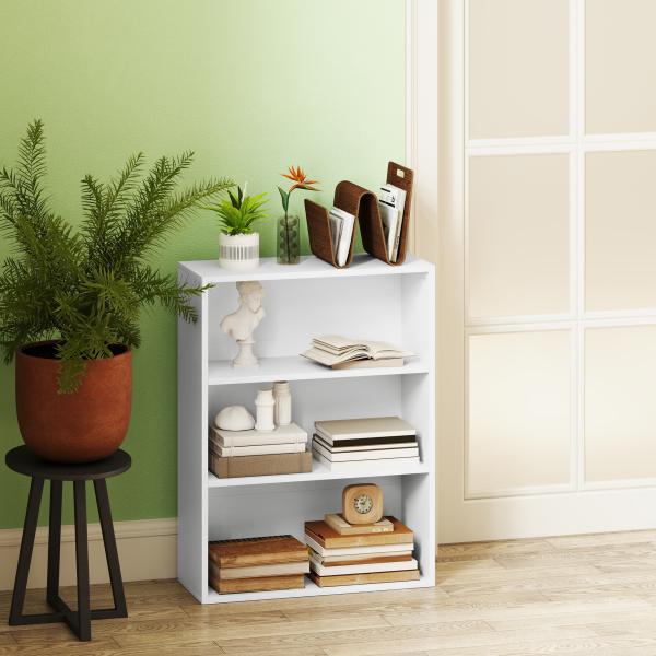 Estante de 3 Níveis Estante para Livros com 2 Prateleiras Ajustáveis para Sala de Estar Escritório Quarto 60x24x80 cm Branco