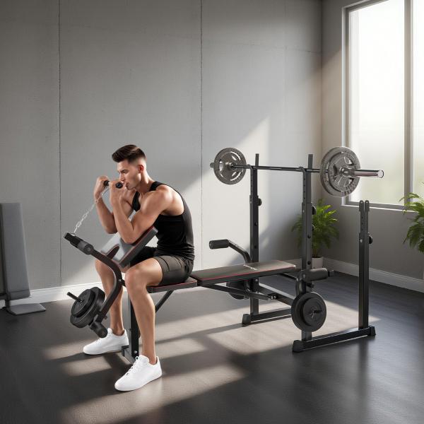 Banco de Musculação Dobrável Banco Multifunções com Suportes para Barras e Encosto Ajustável para Treino Completo de Corpo Preto
