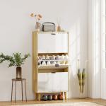 Sapateira Estreita com 3 Portas em Branco Brilhante Prateleiras Ajustáveis Pernas de Madeira para 18 Pares de Sapatos 60x24x127 cm