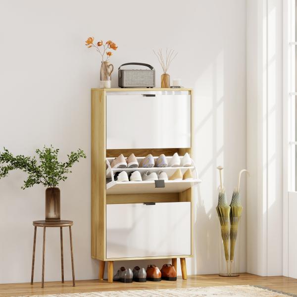 Sapateira Estreita com 3 Portas em Branco Brilhante Prateleiras Ajustáveis Pernas de Madeira para 18 Pares de Sapatos 60x24x127 cm