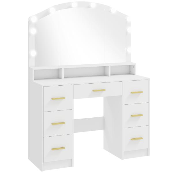 Toucador com 10 Luzes LED de 3 Cores Toucador de Maquilhagem com Espelho 7 Gavetas 3 Compartimentos Moderno 110x40x150 cm Branco