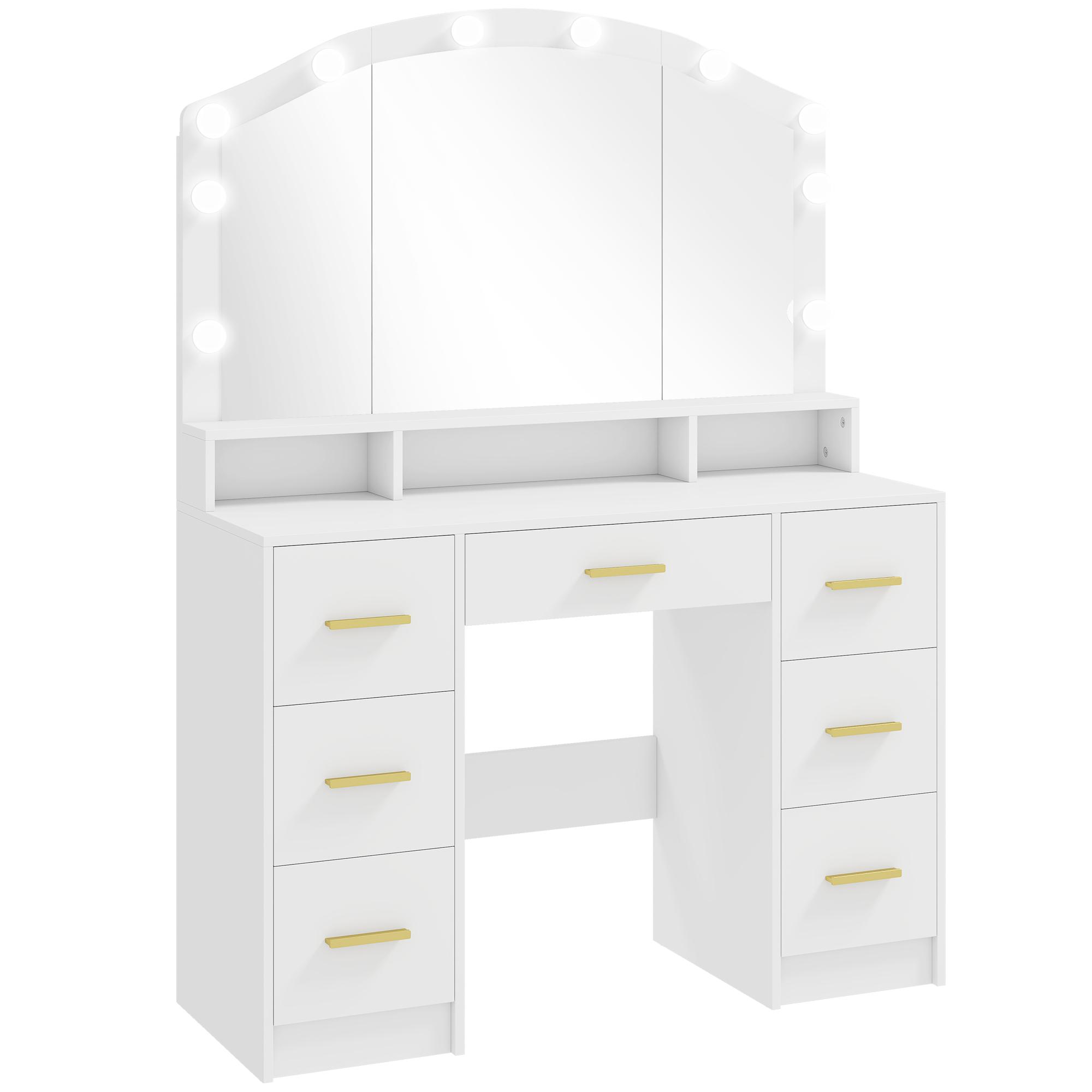 Toucador com 10 Luzes LED de 3 Cores Toucador de Maquilhagem com Espelho 7 Gavetas 3 Compartimentos Moderno 110x40x150 cm Branco