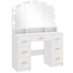 Toucador com 10 Luzes LED de 3 Cores Toucador de Maquilhagem com Espelho 7 Gavetas 3 Compartimentos Moderno 110x40x150 cm Branco