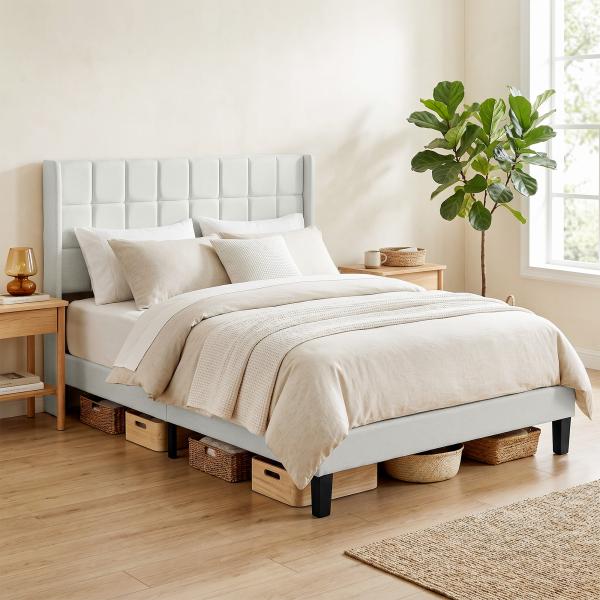 Cama de Casal 135x190 cm com Cabeceira Estofada com Laterais e Arrumação Inferior, Bege