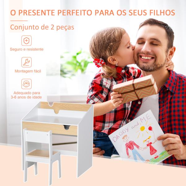 Secretária para Crianças de 3 e 6 Anos Conjunto de Mesa e Cadeira com Gaveta e Prateleira para Livros 70x50x75 cm Branco e Madeira