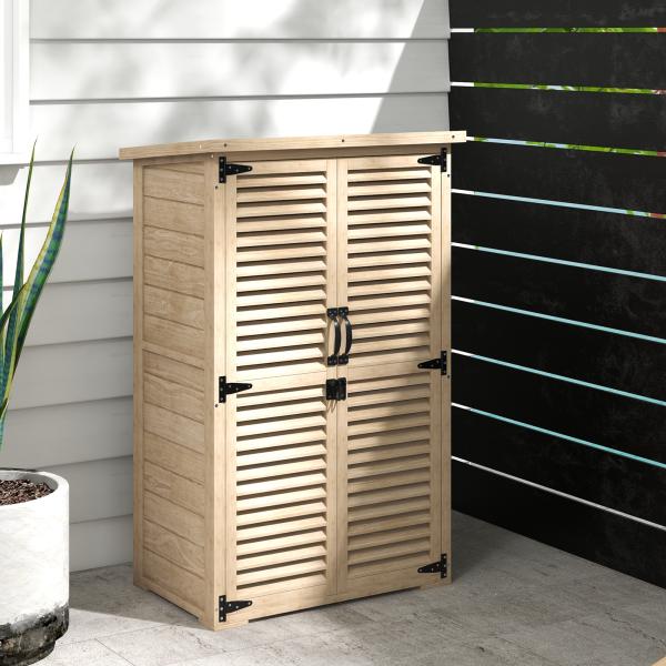 Armário de Jardim de Madeira 75x50x118 cm Armário para Ferramentas com 2 Portas de Persiana 2 Estantes Madeira