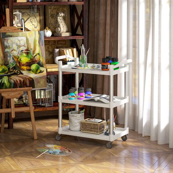 Carrinho Auxiliar com Rodas e 3 Prateleiras Carrinho de Cozinha com Armazenamento Carga 105 kg 88x44x93 cm Branco
