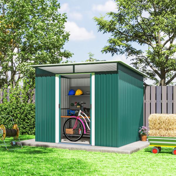 Abrigo de Jardim 4,5 m² 260x194x200 cm Abrigo Exterior Metálico com 2 Portas Deslizantes para Armazenamento de Ferramentas Verde