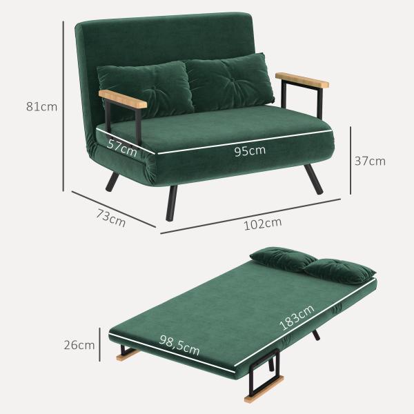 Sofá Cama Sofá Convertível em Cama de 2 Lugares Dobrável com Encosto Ajustável em 5 Níveis e 2 Almofadas 102x73x81 cm Verde