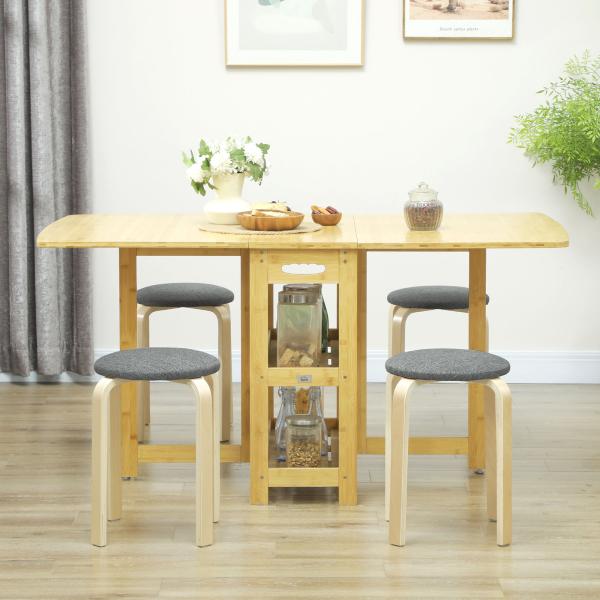 Conjunto de 4 Bancos Empilháveis Redondos Bancos Baixos de Cozinha com Assento Acolchoado Ø40x45 cm Cinzento e Madeira