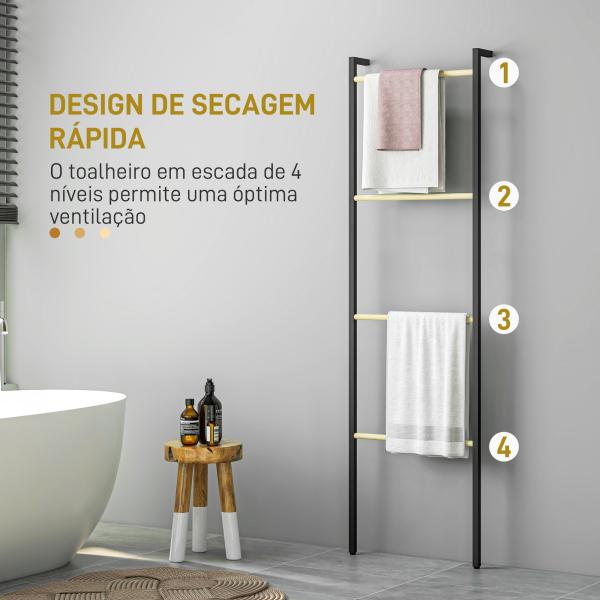 Toalheiro de 4 Níveis Toalheiro Casa de Banho com 4 Barras de Bambu e Estrutura de Aço 49x5,5x167,5 cm Preto e Madeira