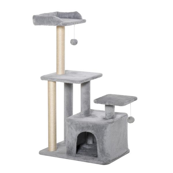 Arranhador para Gatos Altura 114 cm com Postes de Sisal 3 Plataformas Caverna e 2 Bolas Suspensas Cinza Claro