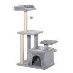 Arranhador para Gatos Altura 114 cm com Postes de Sisal 3 Plataformas Caverna e 2 Bolas Suspensas Cinza Claro
