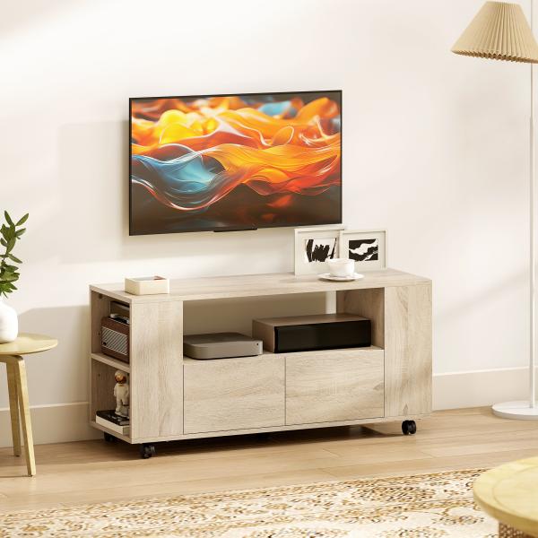 Móvel de TV com Rodas para Televisão até 42 Polegadas com 2 Gavetas Prateleiras Ajustáveis 102x34,5x48,5 cm Madeira