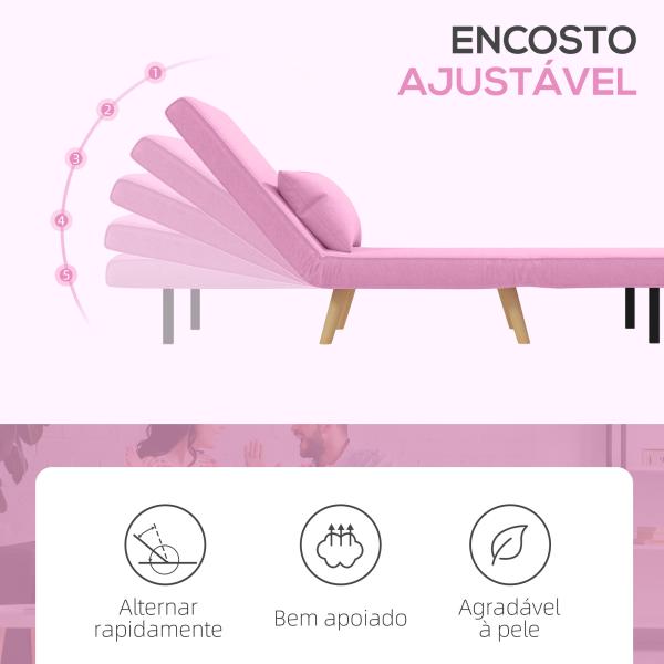 Sofá - Cama Individual Dobrável com Encosto Ajustável 5 Posições Cadeirão - Cama Estofado com Almofada 72x75x85 cm Rosa