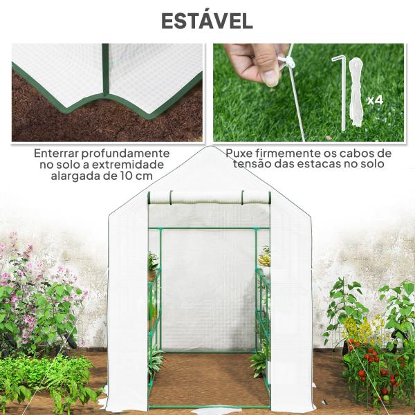 Estufa de Jardim de 3 Níveis com 12 Prateleiras Porta Enrolável Janelas Anti - UV Cobertura de PE 140x213x190 cm Branco