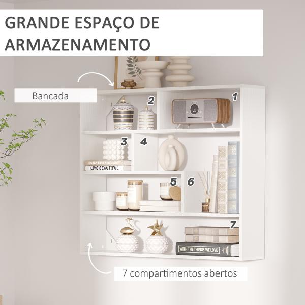 Estante de Parede de 4 Níveis com 7 Compartimentos Abertos para Sala de Estar Escritório Estilo Moderno 94x19,5x80cm Branco