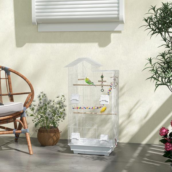 Gaiola para Passáros de Metal com Portas 4 Comedouros 3 Poleiros Baloiço Escadas e Bandeja Removível 46x36x100 cm Branco