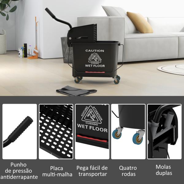 Balde de Limpeza 20L com Rodas e Espremedor Balde para Esfregona com Separador de Água 60x27x70,5 cm Preto