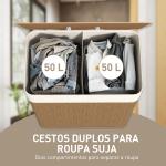 Cesto de Roupa com Tampa 100L de Bambu com 2 Compartimentos Bolsa Interior Amóvivel 52x32x63 cm Marrom e Creme