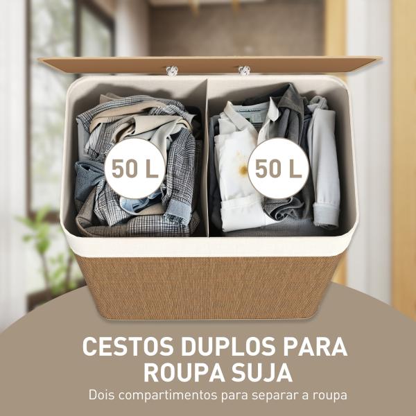 Cesto de Roupa com Tampa 100L de Bambu com 2 Compartimentos Bolsa Interior Amóvivel 52x32x63 cm Marrom e Creme