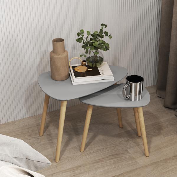 Conjunto de 2 Mesas Auxiliares com Pés de Madeira Mesas de Café 59,5x39,5x45cm e 44,5x28,5x40 cm Cinza