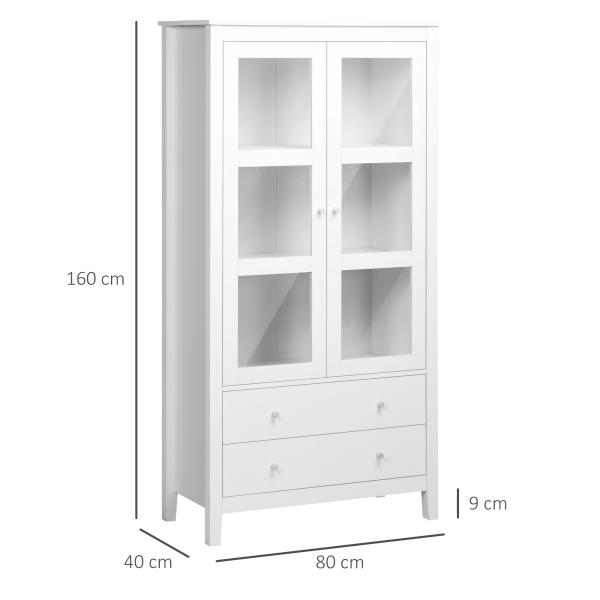 Vitrine de Sala de Estar Estante para Escritório com 2 Portas de Vidro Temperado 3 Prateleiras e 2 Gavetas 80x40x160 cm Branco