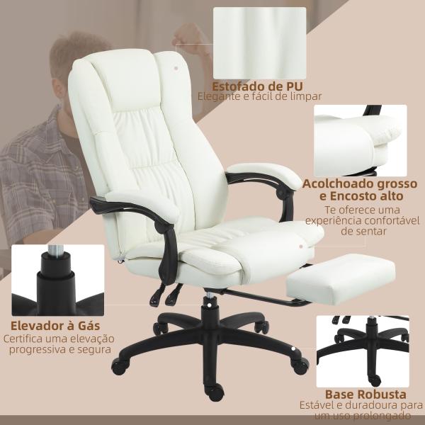 Cadeira de Escritório com Altura Ajustável 6 Pontos de Massagem e Apoio para os Pés Retrátil 68,5x68,5x113 - 121 cm Creme