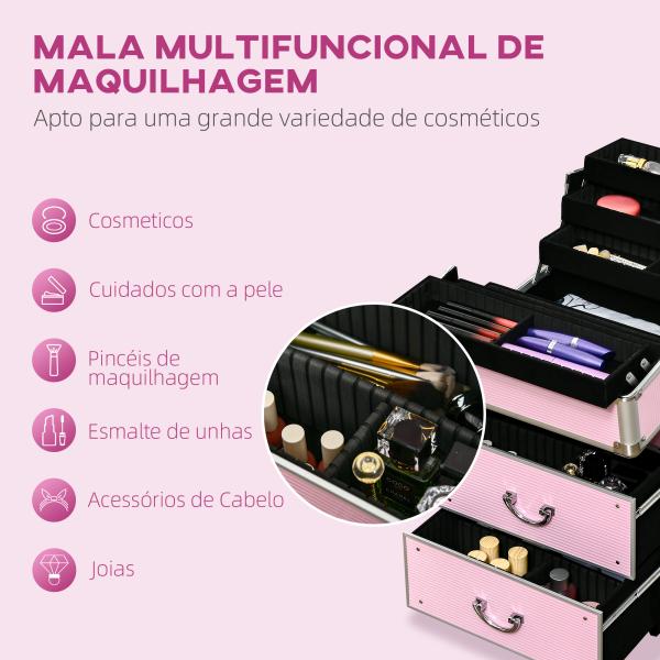 Mala de Maquilhagem Professional com Rodas 6 Gavetas Extensíveis Fechadura 2 Chaves e Alça Retrátil 36x23x58 cm Rosa