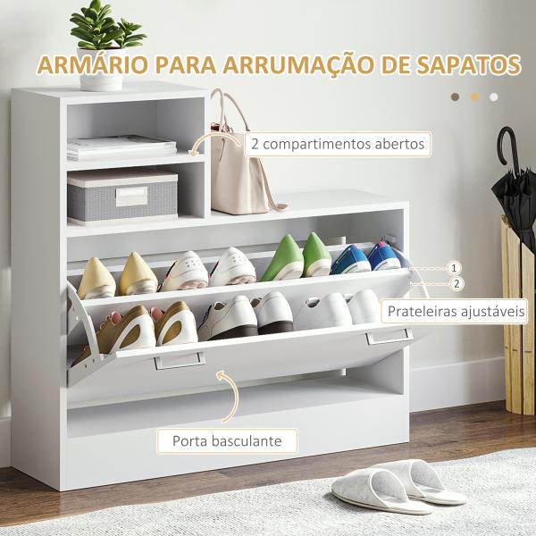 Móvel Cabide de Entrada com Espelho Cabide e Sapateira com 6 Ganchos e Prateleiras para 8 Pares de Sapatos Branco Brilhante