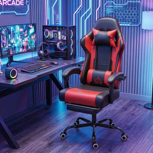 Cadeira Gamer com Massagem Lombar Vibratória Reclinável 155° Altura Ajustável Apoio de Cabeça e Apoio para os Pés Retrátil Vermelho