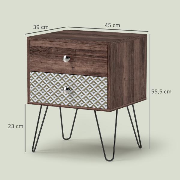 Mesa de Cabeceira com 2 Gavetas Pés de Aço Estilo Boémio Mesa de Cabeceira para Quarto Sala de Estar 45x39x55,5 cm Marrom