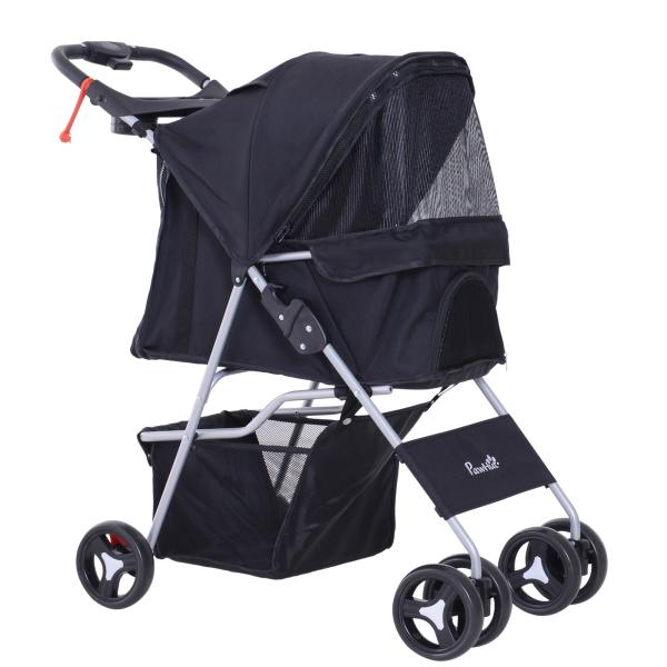 Carrinho para Animais de Estimação Dobrável para Cães com Capô Ajustável Cesta de Armazenamento e Rodas com Freio Tecido Oxford Estrutura de Aço 74x46x94cm Preto
