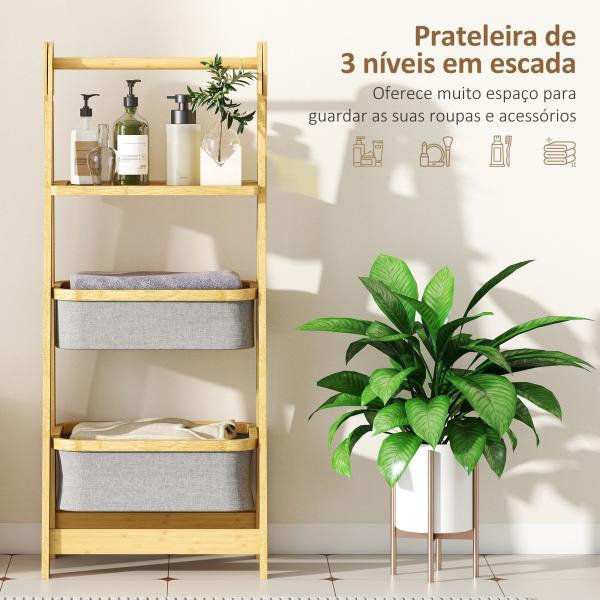 Estante Dobrável para Casa de Banho de Bambu com 2 Cestos para Roupa Suja Estante Aberto 44,5x32x99 cm Cinzento