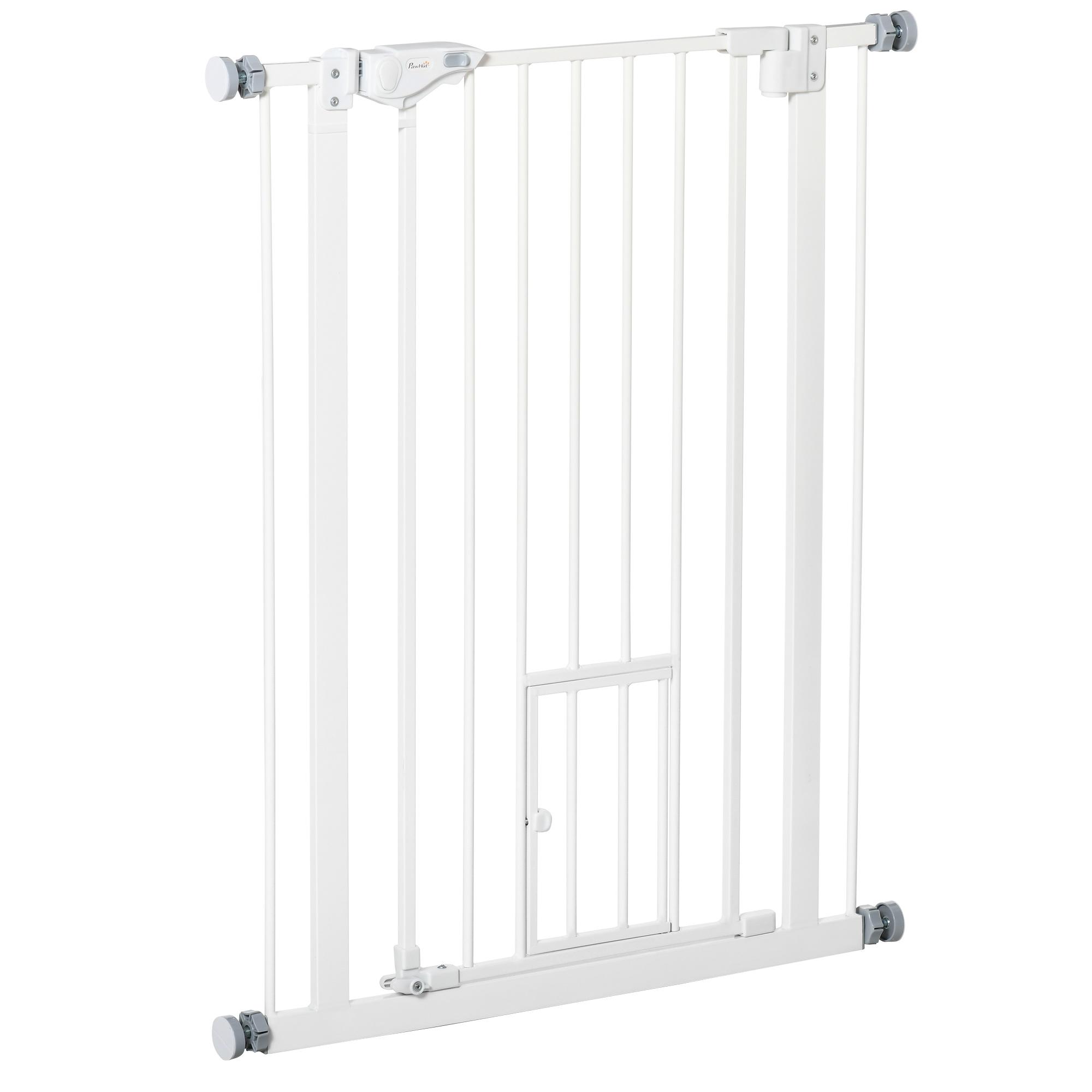 Barreira de Segurança para Cães Animais de Estimação 74 - 80cm para Escadas Portas e Corredores com Porta para Gatos Fechamento Automático e Sistema de Duplo Bloqueio Altura 91,4cm Branco