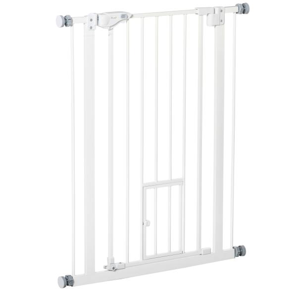 Barreira de Segurança para Cães Animais de Estimação 74 - 80cm para Escadas Portas e Corredores com Porta para Gatos Fechamento Automático e Sistema de Duplo Bloqueio Altura 91,4cm Branco
