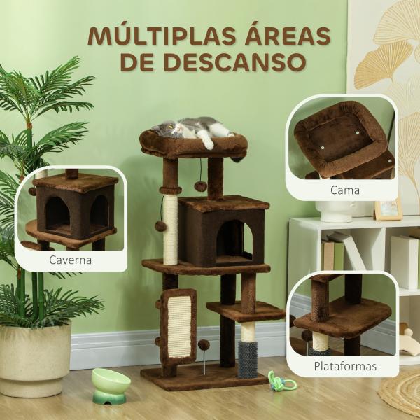 Arranhador para Gatos Grande Altura 104 cm com Plataformas Postes com Escova Bolas Suspensas e Almofadas para Arranhar Marrom