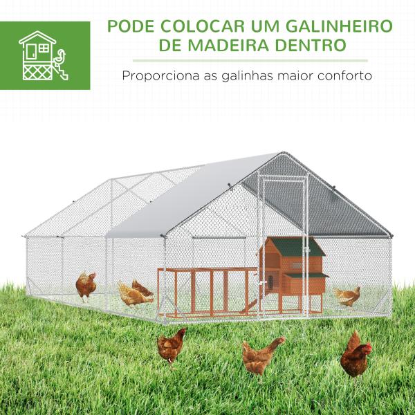 Galinheiro de Exterior Grande 3x6x2m Gaiola para 12 - 18 Galinhas de Aço Galvanizado com Teto de PE e Fechadura para Coelhos Prata
