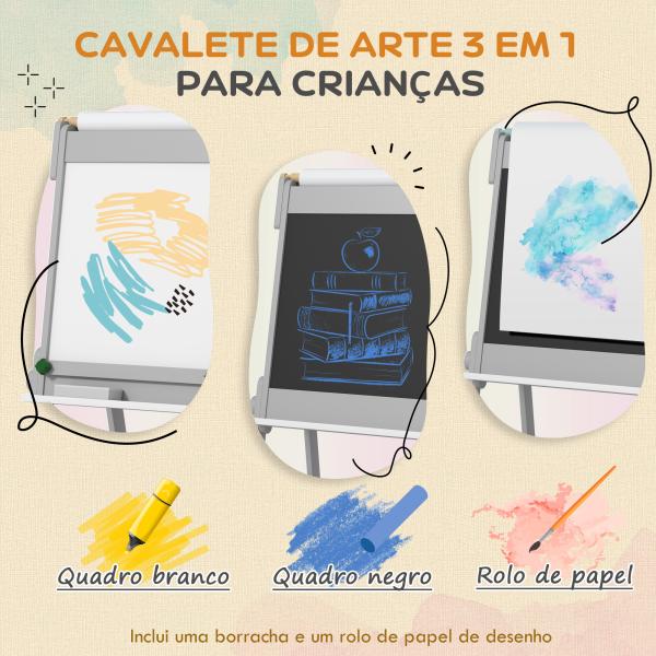 Cavalete para Crianças 3 em 1 Ardósia Dupla com Rolo de Papel Apagador e Caixas de Arrumação 51x50x108 cm Cinza