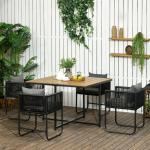 Conjunto de Jardim de Vime Sintético 5 Peças com Mesa Quadrada e 4 Cadeiras Almofadas Preto e Madeira