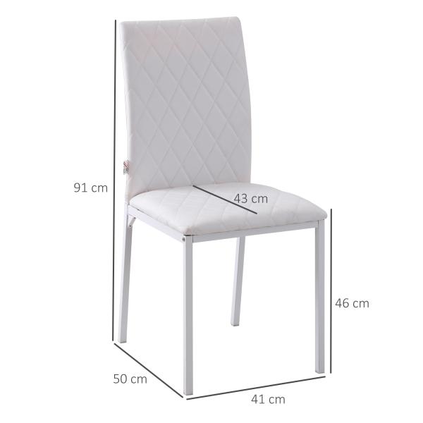 Conjunto de 4 Cadeiras de Sala de Jantar, Cadeiras Modernas para Cozinha, Encosto Alto com Costuras Decorativas em Forma de Diamante, Estofadas em Pele Sintética, Pernas de Aço, Suportam até 120 kg, Branco