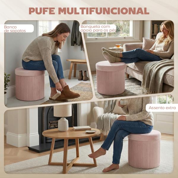 Puff de Arrumação Banco de Arrumação Dobrável 35 L 38x38x38 cm Estofado em Veludo Baú de Arrumação Redondo Rosa