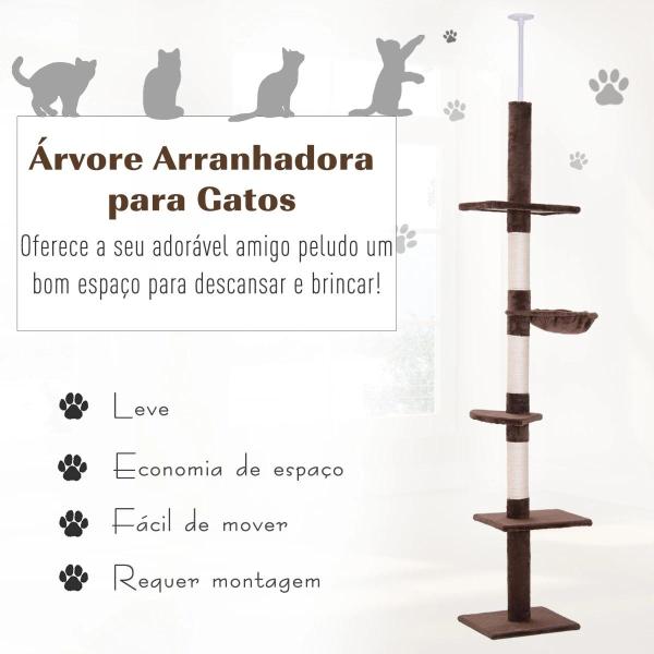 Árvore Arranhadora para Gatos Arranhador para Fixar ao Teto Altura Ajustável com Plataformas Poste de Sisal 40x34x230 - 260cm Marrom