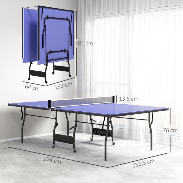 Mesa de Ping Pong Dobrável Profissional com Rodas Inclui 2 Raquetes e 3 Bolas para Interior 274x152,5x76 cm Azul