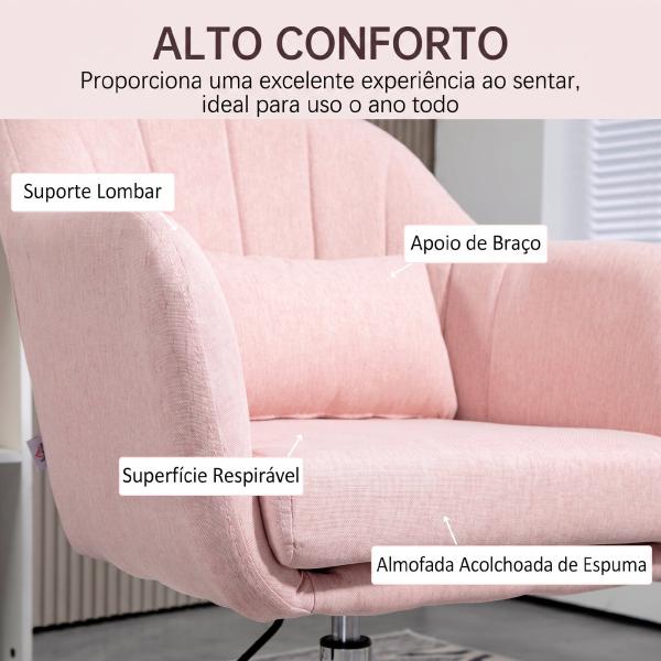 Cadeirão Giratório 360° para Sala de Estar com Altura Ajustável, Encosto Envolvente, Apoios de Braços e Almofada, 60x60x79 - 91 cm, Rosa
