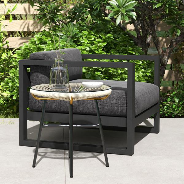 Mesa Auxiliar de Vime Sintético para Exteriores com Bancada de Vidro Temperado e Pés de Metal Ø50x50 cm Creme e e Preto