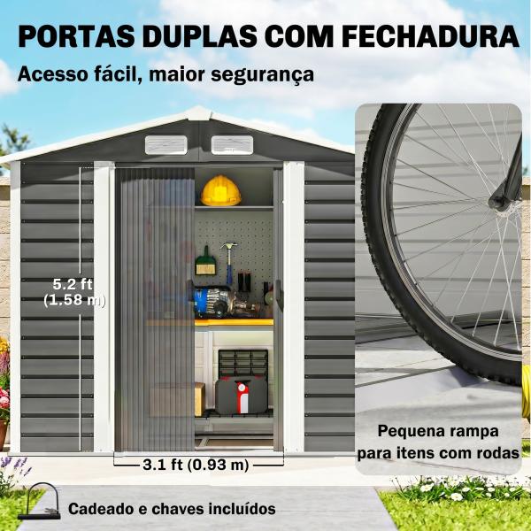 Abrigo de Jardim Exterior 2,36m² 213x120x194 cm com Base Reforçada (Piso NÃO Incluído) e Portas de Correr Cinza Escuro
